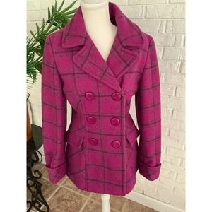 Moda International Pea Coat Womens S Pink Excellent Plaid Wool Blend Jacket
